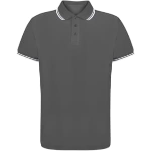 A grey polo shirt with a classic collar, featuring a logo and white detailing on the collar and sleeves.