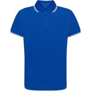 A blue polo shirt with contrasting white stripes on the collar and sleeves, featuring a logo.