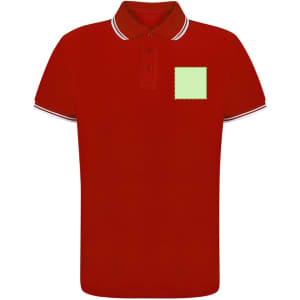 A red polo shirt with a collar, featuring a green square on the front and contrasting stripes.
