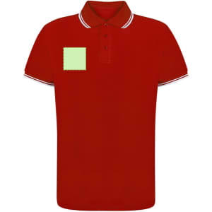 A red polo shirt featuring a collar and striped detailing, with a blank patch on the front for branding.