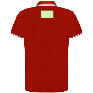 A red polo shirt featuring a collar with contrasting trim and a logo on the back.