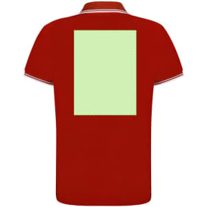 A red polo shirt with contrasting trim and a blank rectangular area on the back, featuring a logo.