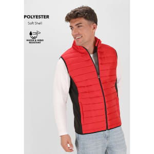 A soft shell vest in vibrant red with black sides, featuring a front zipper and a logo.