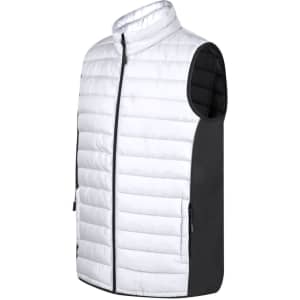 A sleeveless soft shell jacket in white and black with a zip front and side pockets, featuring a logo.