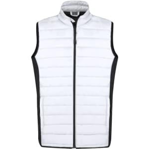 A white soft shell vest with a zip front and black side panels. It features a stand collar and a sleek design.