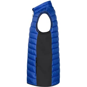 A sleeveless soft shell jacket featuring a blue quilted design with black side panels. It has a logo on it.
