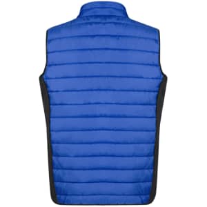 A blue soft shell vest with a quilted pattern and black side panels, featuring a logo.