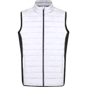 A puffy white vest with black side panels and a high collar, featuring a front zip closure and no sleeves.