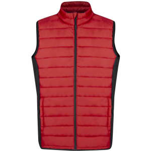 A red soft shell vest with a vertical quilted pattern and black side panels. It features a high collar and front zipper.