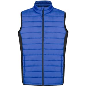A blue soft shell vest with a quilted design and black side panels, featuring a front zipper and a stand-up collar.