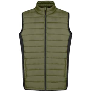 A soft shell vest in olive green with black side panels and a zip closure. Features a logo on the front.