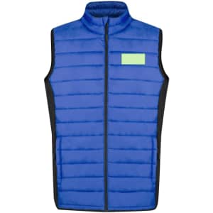 A blue soft shell vest with a zip front, featuring a black side panel and a small logo patch.
