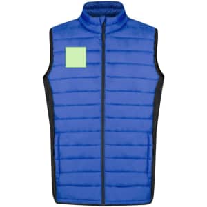 A blue soft shell vest featuring a zip-up front and a logo area on the left side. The sides are black.