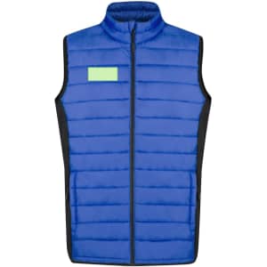 A blue soft shell vest with a zip front and a black trim. It features a logo on the chest area.