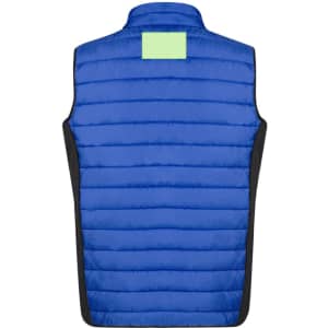 A blue soft shell vest with black sides and a blank patch on the back for branding.