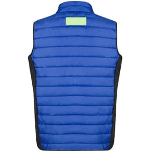 A blue soft shell vest with a smooth finish and black side panels. It features a logo on the back.