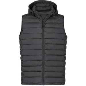 A black padded vest with a hood and zip front, featuring horizontal quilted detailing and a logo.
