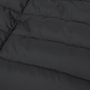 A black puffer vest with a quilted design and a zippered closure. It features a branding logo.