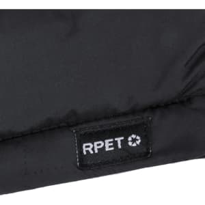 A black vest featuring a textured fabric and a small logo; made from RPET material.
