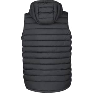 A black padded vest with a hood, featuring a quilted design and no visible branding.