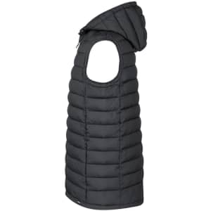 A black puffer vest with a hood, featuring a quilted design and no sleeves. It has a logo on the side.