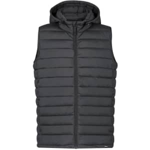 A black padded vest with a hood, featuring a zip closure and horizontal quilted design. It has a logo on the side.