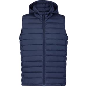 A navy blue puffer vest with a hood, featuring a zip front and horizontal quilted design. It includes a logo.