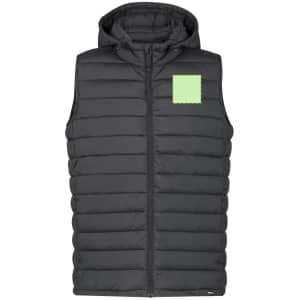 A black puffer vest with a hood and a green square patch on the front, featuring a logo.