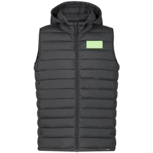 A black padded vest with a hood and a green patch. It features a zip front and quilted design.