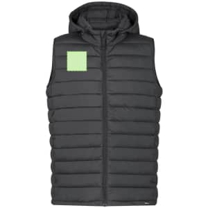 A black padded vest with a hood, featuring a green fabric patch on the front. It has a zipped closure and side pockets.