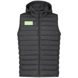A black puffer vest with a hood and a green patch, featuring a zippered front and side seams.