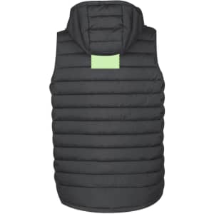 A black puffer vest with a hood and a green tag at the back, featuring a quilted design.
