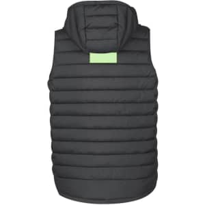 A black padded vest with a hood and a green accent, featuring a simple design and back logo.