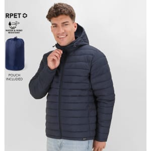A navy puffer jacket with a hood, featuring a water and wind-resistant design and a pouch for storage.