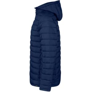 A puffer jacket in navy blue with a hood, featuring quilted segments and a logo on the front.