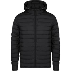 A black puffer jacket with a hood, featuring a zip-up front and a quilted design. It has a logo on the fabric.