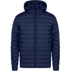 A navy puffer jacket with a hood and zip front, featuring a logo on the side.