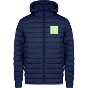 A navy puffer jacket with a hood and a square logo on the front.