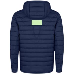 A navy puffer jacket with a hood and a blank patch on the back. It features quilted detailing.