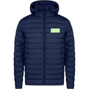 A navy blue puffer jacket with a hood and a small green logo on the chest area.
