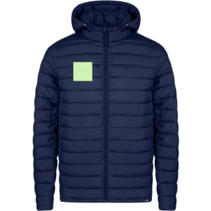 A puffer jacket in navy blue with a hood and a square patch on the chest area.