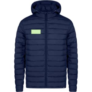 A navy puffer jacket featuring a hood and a small logo on the front.