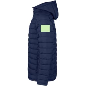A navy puffer jacket featuring a hood and a light green patch on the arm. It has a quilted design.