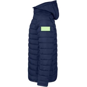A puffer jacket in navy blue, featuring a hood and a logo on the sleeve.
