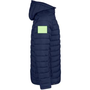 A navy blue puffer jacket featuring a green patch on the upper arm and a hood.