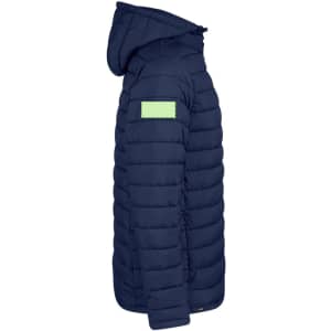 A navy puffer jacket with a hood and a green patch on the arm, featuring horizontal quilted sections.