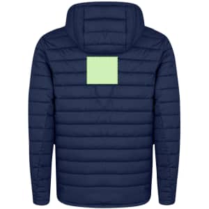A navy puffer jacket with a hood and a square area on the back suitable for logo placement.