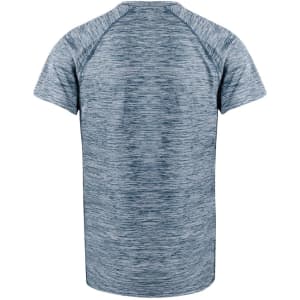 A grey-blue adult T-shirt featuring short sleeves and a textured fabric design. It has a logo on the back.