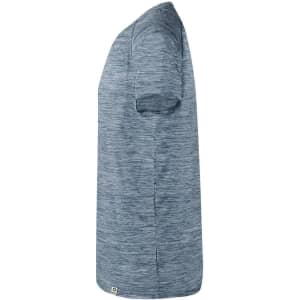 A grey and navy striped adult T-shirt with short sleeves and a logo at the bottom.