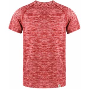 A red textured adult T-shirt featuring a crew neck and short sleeves, with a logo on the hem.